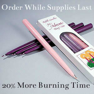 12" Advent Candles for your Advent Wreath.  20% more burning time. Bulk ordering available. Order while supplies last!
