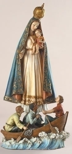13" Figure of Caridad Del Cobre (Virgin of Charity). Patroness of Cuba. Resin/Stone Mix. 13"Hx 6.5"W x 4.5"D. The story behind the La Virgen de la Caridad del Cobre, began around 1608 (sometime between 1604 and 1612 depending on the source). Two brothers, Rodrigo and Juan de Hoyos, and their slave, Juan Moreno, set out to the Bay of Nipe for salt. They are traditionally called the "three Juans". They needed the salt for the preservation the meat at the Barajagua slaughter house, which supplied the workers and inhabitants of Santiago del Prado, now known as El Cobre. While out in the bay, a storm arose, rocking their tiny boat violently with ongoing waves. Juan, the slave, was wearing a medal with the image of the Virgin Mary. The three men began to pray for her protection. Suddenly, the skies cleared, and the storm was gone. In the distance, they saw a strange object floating in the water. They rowed towards it as the waves brought it towards them. At first they mistook it for a bird, but quickly saw that it was what seemed to be a statue of a girl. At last they were able to determine that it was a statue of the Virgin Mary holding the child Jesus on her right arm and holding a gold cross in her left hand. The statue was fastened to a board with an inscription saying "Yo Soy la Virgen de la Caridad" or "I am the Virgin of Charity." The statue was dressed with real cloth and the Virgin had real hair and skin of a mixed woman. Much to their surprise, the statue remained completely dry while afloat in the water.