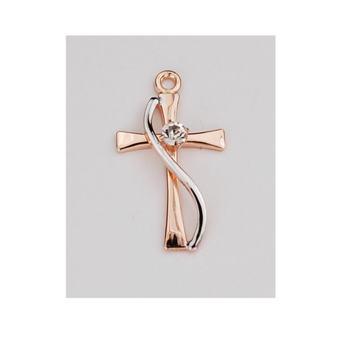 Two Tone Rose Gold Sterling Cross with Crystal Center comes on an 18" rhodium chain.  A deluxe gift box is included! Made in the USA