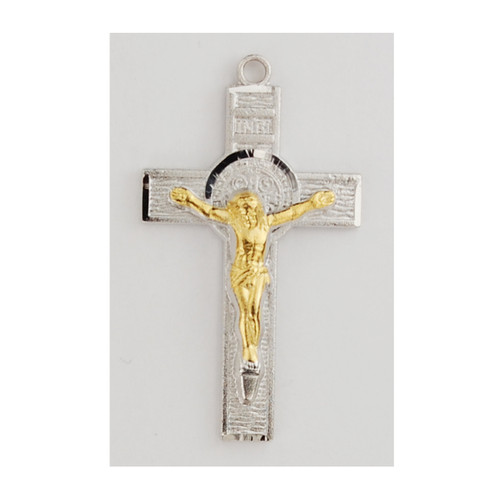Two Tone Gold Sterling St Benedict Cross comes on an 18" rhodium chain.  A deluxe gift box is included! Made in the USA