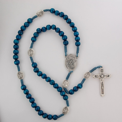 Blue wood beads with silver ox crucifix and center. Silver oxidised St  Michael. Plastuc gift box. Made in Italy