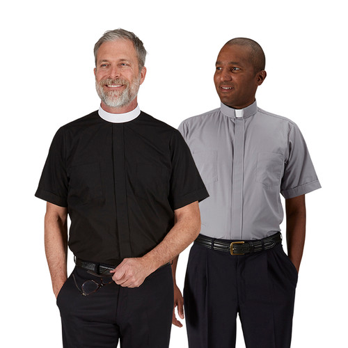 Short Sleeve Neck band shirts are full cut with two pockets and a stitched fly front.  Made with an easy-care 65% Polyester/35% cotton material  Neckband Shirts are designed to be worn with Collarettes, Collars and Collar Buttons.  *Collarettes, Collars and Collar Buttons sold separately.

