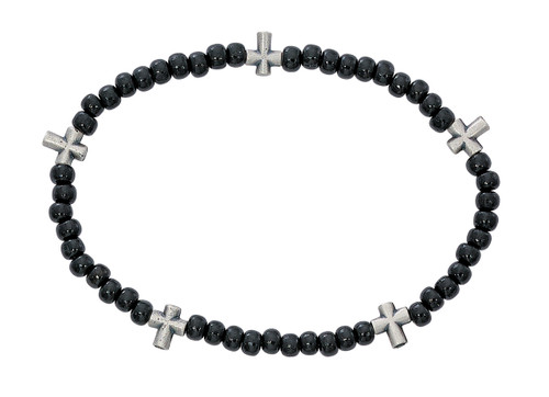 Black Beaded Cross Stretch Bracelet.  Five small medal crosses are attached. Comes carded. Please choose a color when checking out.