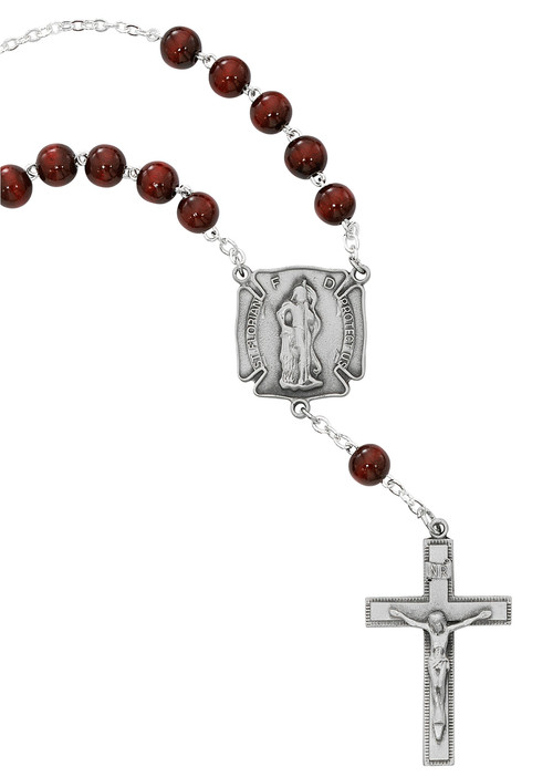 St. Florian Firefighter Auto Rosary. 8MM red wood beads with pewter St Florian center and pewter crucifix. Comes on a hang tag. 