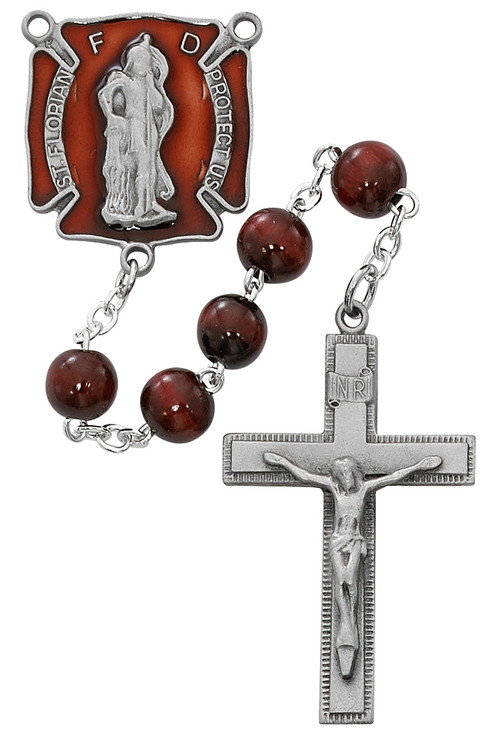 St Florian Firefighters Rosary. 8MM red beads make up this St. Florian Firefighters Rosary. St Florian red enameled centerpiece and crucifix are pewter. Comes in  a deluxe gift box. 