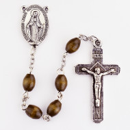 Dark Brown wood bead rosary has a  silver oxidised miraculous medal centerpiece and crucifix. The wood bead rosary comes in a plastic gift box. 