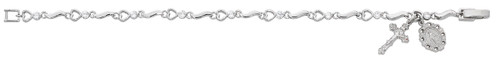 7 1/2" Heart bracelet has rhodium plated cross and Miraculous Medal charm attached. Heart  bracelet comes boxed. 
