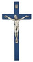 10"H Blue  wood crucifix with silver oxidised corpus and INRI. Comes Bagged. Made in the USA