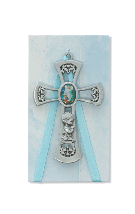 3  3/4" Blue Cross shaped pewter Guardian Angel Crib Medal. 