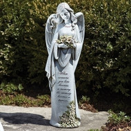 22.75"H Memorial Angel with Flower. From the Joseph Studio Garden Statuary Collection. "When someone you love becomes a memory, that memory becomes a treasure".  Material: Resin/Stone Mix