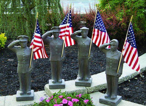 Male US Military Statues. Show your pride by displaying a United States Armed Forces 27" Statue in your home, lawn or patio. Finely crafted with great detail and is of excellent quality to hold up for years of enjoyment. Suited for both cold and warm climates, making this statue perfect for indoor or outdoor use. Available in the 5 military branches: Army, Air Force, Marines, Coast Gaurd, and Navy. Statues are ONLY available in Classic Patina finish. Please make selection when ordering.  American Flag is included. Statues are hand cast, so please allow 3-4 weeks for delivery. Dimensions: 26"H x B:7"SQ. Weight: 36lbs.