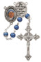 Rosary is made of 7mm blue pearl beads with a pewter decal St. Mother Teresa center and a silver oxidized crucifix. Rosary comes in a deluxe gift box.