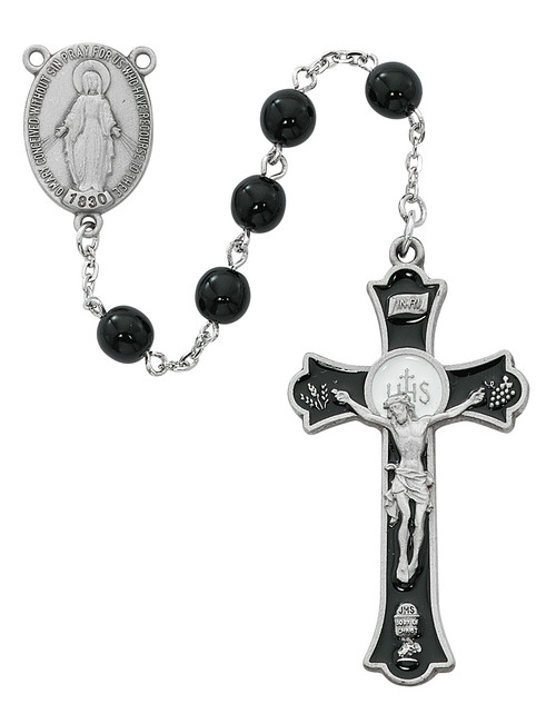 7mm Pewter Black Glass Rosary with Holy Mass black epoxy crucifix. Black glass rosaryhas a  miraculous medal center and red velour gift box.