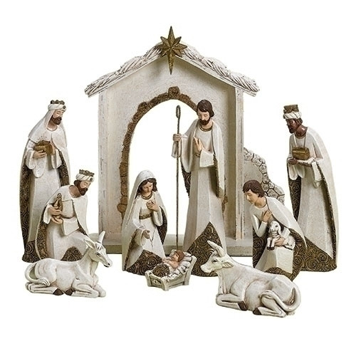 Image of the 10 Piece Ivory and Gold Nativity set sold by St. Jude Shop.