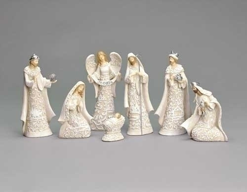 Image of the figures included in the 7-Piece Paper-Cut Nativity set from St. Jude Shop.