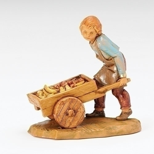 Fontanini 5" figure of Hugo Pushing Cart. A  new edition to the 5" scale nativity. Made of Resin and fabric. A great piece to add to your 5" nativity scene!! Made of polymer