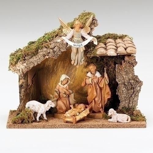 Fontanini Polymer 5" Scale Nativity. This 6 Piece Fontanini Nativity comes with an Italian Stable made of wood,moss, bark and polymer. Measurements are: 9.49"H X 12.2"W X 6.3"D