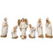 Image of all the figures included in the Ivory and Gold Leaf 7-Piece Nativity Set sold by St. Jude Shop.