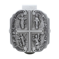 Four-Way Medal Visor Clip Cast pewter, four-way medal "Christ, Our Lady Of The Highway, Guardian Angel, And St. Christopher Protect Us" visor clip with bright cut accents. Standard clip size: 1-9/16" W x 1-11/16" H 