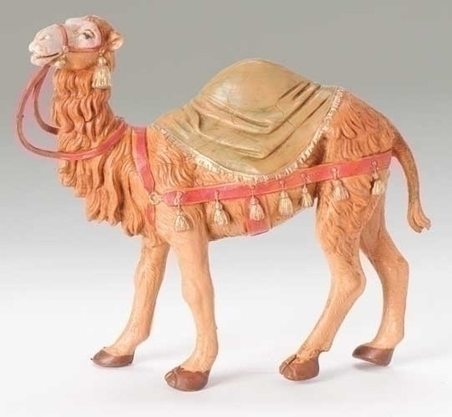 Fontanini 5" scale figure of Camel with a blanket.  A  new edition to the 5" scale nativity. Made of Resin and fabric. A great piece to add to your 5" nativity scene!! Made of polymer