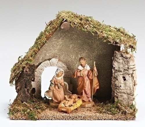 Fontanini 3 Piece Nativity Set includes a starter stable. Dimensions of Stable: 9.84"H X 6.290"W X 11.8"L. Made of Wood, Moss, Bark and Polymer Materials. 