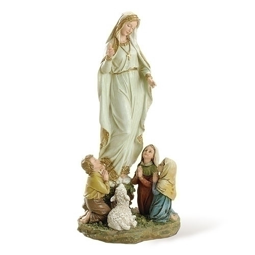 Nuestra Señora de Fátima ~ Our Lady of Fatima Figurine w/the Three Children~ O.L. of Fatima appeared in apparitions to three shepherd children at Fátima, Portugal, sharing with them the "three secrets of Fatima". These occurred on the 13th day of six consecutive months in 1917, starting on May 13. The three children were Lúcia dos Santos and her cousins Jacinta and Francisco Marto. Our Lady of Fatima Status is made of a resin/stone mix.  The dimensions of Our Lady of Fatima Statue are: 12"H x 5.5"W x 5"D