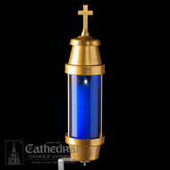 Off-Set Spike Blue Memorial Cemetery Light fixture. Constructed of heavy gauge, rust-proof aluminum with anodized gold finish and durable plastic globe. Off-Set Spike.  Candles sold separately