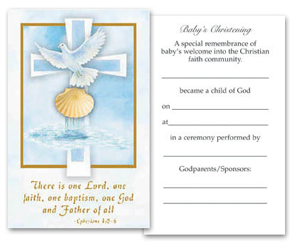Inspirational Baptism Holy Card with AH005 message. Cards measure 3/4" x 4 1/4". 100 per box (Gold Ink).  Matching Certificate and Bulletin Available
