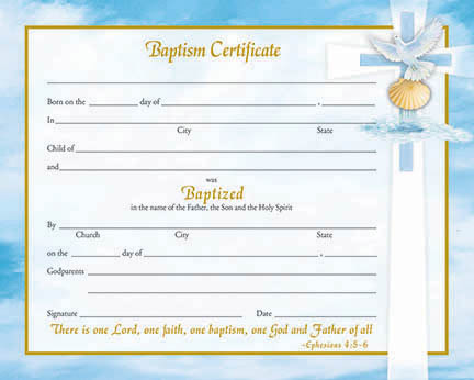 Inspirational Baptism Certificate.  Certificates measure 8" x 10". 50 per box (Gold Ink). Matching Holy Card and Bulletin Available. Choose Preprinted as shown or a blank Create Your Own Certificate.
 