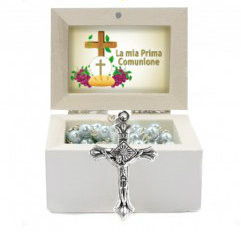 First Holy Communion Wooden Jewelery Box with glass rosary (black or white). On the lid of the box is written "IHS"  in gold lettering.