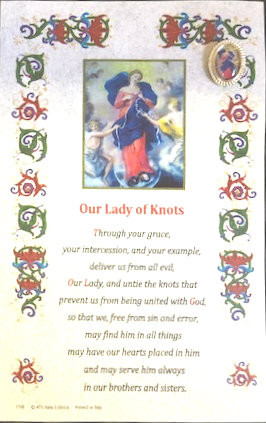 Holy picture of Our Lady of Knots on gold block print in parchment paper with text ( Prayer to Our Lady of Knots). Lapel Pin included. Made in Italy. 3.75"W x 6"H