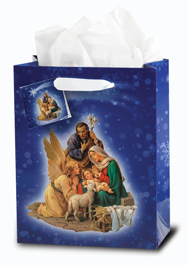 Small or Medium Christmas Nativity Inspirational Gift Bag. Designed in Italy by the Studios of Fratelli Bonella. Small Gift Bag dimensions: 3 3/4" x 5" x 2".  Medium Gift Bag dimensions: 7 3/4" x 9 3/4" x 4"