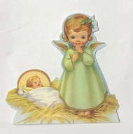 Paper stand up Shushing Angel and Infant Jesus scene.  Dimensions: 4" x 3 1/2". 