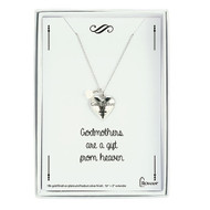 Godmother Necklace comes in gold or silver. The necklace is adorned with a silver or gold heart and a pearl,  Godmother is written across the heart and a cross. The Godmother Necklace comes on a 16" chain with a 2" extender.  