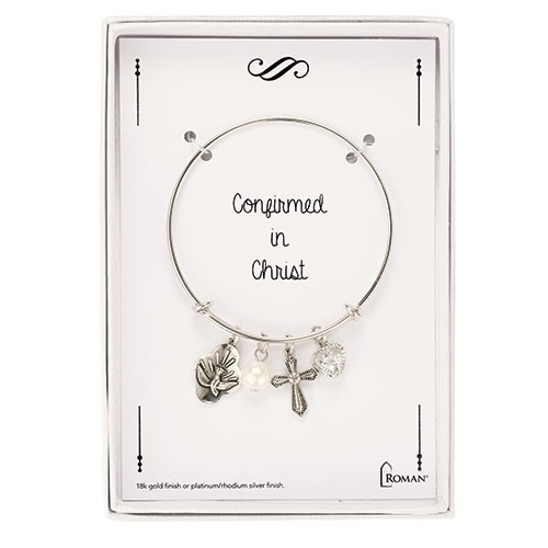 Silver Adjustable Confirmation Bangle Bracelet. Comes iwth Holy Spirit and heart charm, a pearl and crystal heart. 