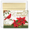 MERRY CHRISTMAS Cardinal Boxed Christmas Cards - Christmas card features cardinals and poinsettas, a holiday favorite in gold foil with embossing. Inside Sentiment: "MAY YOUR CHRISTMAS HOLIDAY AND ALL THE DAYS THAT FOLLOW BE FILLED WITH WARMTH AND GOOD CHEER." 16 cards/16 foil lined envelopes. Folded Card Size: 5.625 x 7.875. Packaged in a printed box with an inside fit acetate lid.