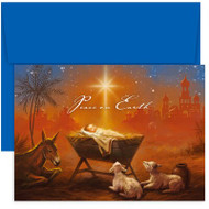 Baby Jesus "PEACE ON EARTH" Christmas card featuring four color printing. Inside Sentiment: "FOR UNTO YOU IS BORN THIS DAY IN THE CITY OF DAVID A SAVIOUR, WHICH IS CHRIST THE LORD; LUKE 2:11 MAY PEACE FILL YOUR HEART AT CHRISTMAS AND ALWAYS.."  18 cards/18 envelopes. Folded Card Size: 7.875" x 5.625". Packaged in a box with an acetate lid.