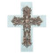 12.25"H Wall Cross. Wall cross is blue washed with scrolled layers. Made of a resin stone mix. Dimensions are 12.25"H x 9"W. 