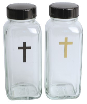 Glass Bottles with caps. Each holds 4 ounces. One with black cross and one with gold cross. Measurements are: 4.5"H x 1 .75"W x 1.75"L.  Convenient for traveling priests.