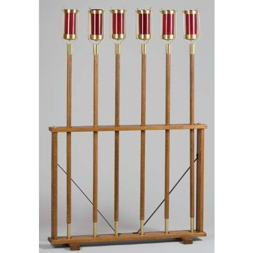 Processional Candle Stand. Stand Only!  Overall Height 27" x 37" wide, made of oak wood. Holds 6 processional candlesticks. Order with or without Torches at an additional cost. Candles not included
