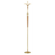 Satin Bronze Processional Crucifix with medium oak wood stain insert and cross top made from aluminum. This beautifully crafted processional crucifix measures 84" in height with 10" diameter base. Crucifix detaches at stand node for processional use. Matching Paschal Candlestick and Processional Candlesticks also available.  MADE IN THE USA