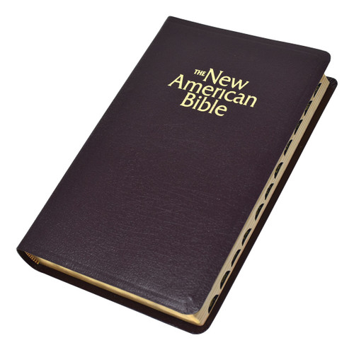 NAB Gift Bible comes in Burgundy or Black bonded leather.  This edition of the New American Bible contains many helpful aids for easy Bible reading and study. Bible can be ordered with or without tabs.  A lovely and meaningful gift. Features: Special versions of the official Catholic translation with features for students and gift giving, Book Introductions, Chronological Listing of Christ's Miracles and Discourses, Consice and Authoritative Notes, Cross-References, Family Register and Full color Maps, Footnotes, Imprimatur, List of the Popes, Maps, Presentation Page. 1440 pages, Dimensions: 5 1/2" x 8 5/8". Gift boxed.