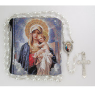 5MM Pearl coated beads with a rhodium plated pewter Mother and Child center and crucifix. Comes with a Mother and Child zipper rosary pouch.