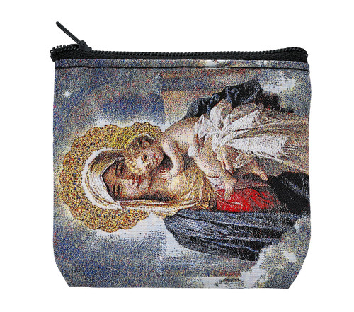 Mother and Child are depicted on this cloth rosary pouch with zipper closure. Measures 3.5" x 3".