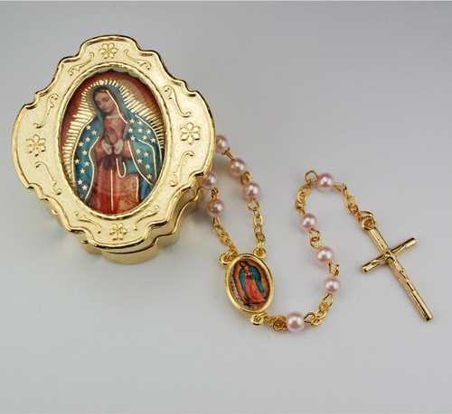 Gold plated Our Lady of Guadalupe keepsake box with pink pearl Our Lady of Guadalupe rosary. Made in Italy. Boxz measures 1.5" x 1.5"