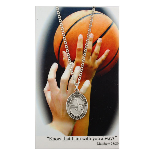 Basketball-Girls PewterSport Medals on and adjustable cord or stainless steel chain. Prayer card comes with the pendant. Choice of Football, Wrestling, Hockey, Baseball, Track, Swimming, Basketball, Soccer, Lacrosse, or Volleyball. Prayer is: Always With You