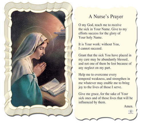Mary praying Holy Card featuring gold foil embossed linen finish stock.
Artwork by Fratelli Bonella.
Nurse's prayer on the back.
Card size: 2.0" x 4.0" (51mm x 102mm) 2" x 4".
Made in Italy 