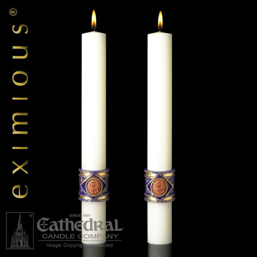 The Lilium candles are 51% beeswax.  Paschal altar candles are a masterpiece of ecclesiastical design and skilled artistic craftsmanship."Lilium,"™ is a dramatic expression of spiritual adoration, gloriously presented with rich colors of royal blue and gold. These altar candles complement Paschal Candle "Lilium". 