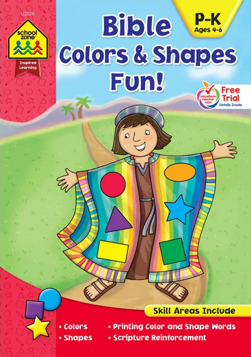 Children will love learning about colors and shapes with the help of pictures from the Old and New Testaments! This Bible Colors & Shapes Fun! workbook helps children learn to identify colors and write color words. It also offers a variety of activities that introduce the names and characteristics of seven basic shapes. Plus, each page cross-references scripture and shares teachings from the Bible that will remind children of God’s love and faithfulness. For example, one page uses drawings of faces to illustrate circles, and says, “Proverbs 15:13 tells us that a happy heart makes a cheerful face.” It then directs little learners to trace each shape and color the picture. At the bottom of the page it also reminds: “Look around at all of God’s goodness.” This is a wonderful workbook for parents, Sunday school teachers, and home and Christian educators. Ages 4-6. 32 Puzzles, 8.5"W x 11"H. 
