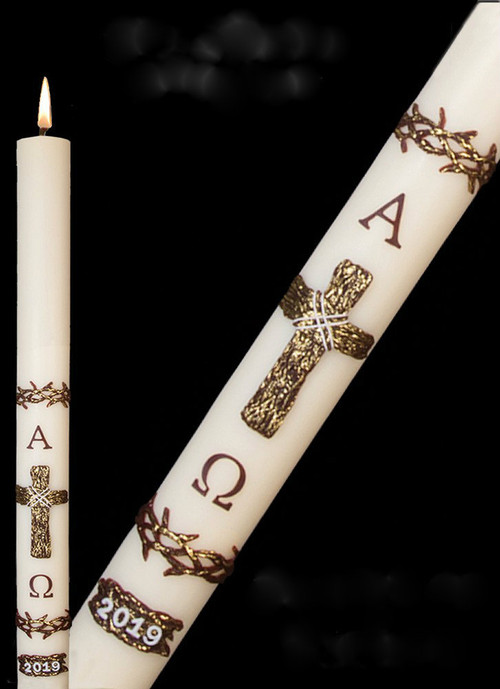 Candles display outstanding craftsmanship and adherence to the highest standards of design and artistic talent. Many of the paschal candles  have the design embossed into the candle and are then hand painted. No appliques to cause burner hang up. Paschal nails are included with all candles. Matching side candles are also available. Made in the USA!!  Made of 51% beeswax, which insures excellent burning qualities, each pattern is fashioned entirely by hand from first step to last. 